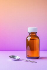 Brown medicine bottle with white cap and metal spoon on a colorful background, promoting healthcare and remedies for cold and flu season