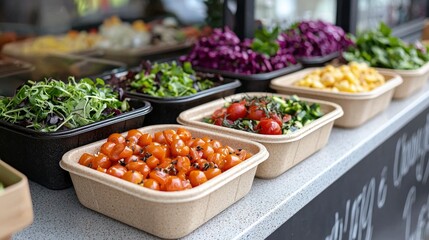 Fresh ingredients displayed in eco-friendly molded fiber containers, promoting sustainable dining solutions while highlighting the importance of natural packaging