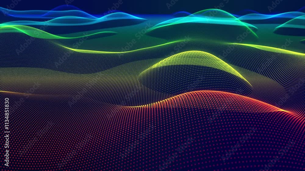 Poster waves run on surface. neon glow. glowing particles form surface. looping animation, motion design wi