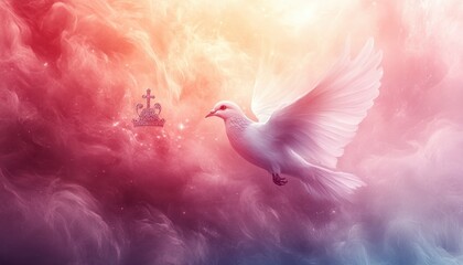 Spiritual Composition with Crown, Cross, and Dove in Watercolor Style