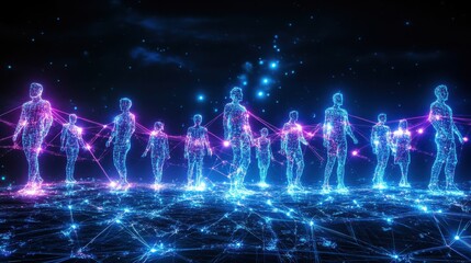 Futuristic Digital Connection of Human Figures in Neon Colors Representing the Interaction and Communication in a Virtual Network Environment