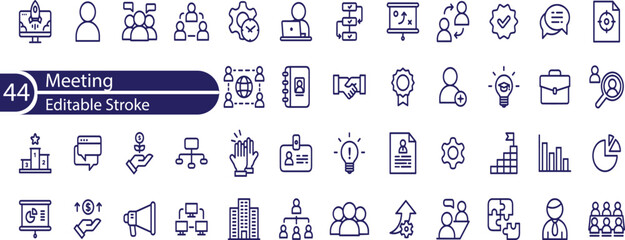 Meeting set of web icons in line style. Live webinar icons for web and mobile app. Containing conference, business meeting, classroom, team, interview, conference, work icons and more