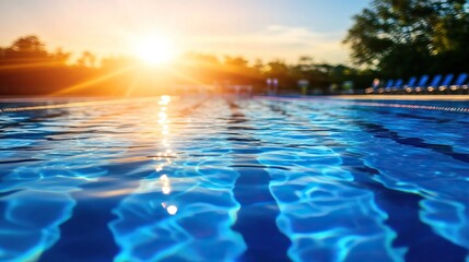A serene pool reflecting sunlight, with clear water and a warm sunset creating a tranquil atmosphere.