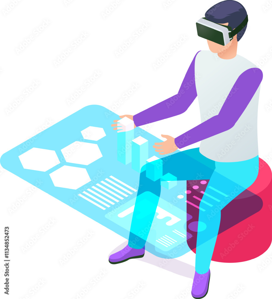 Aufkleber software developer wearing a vr headset is sitting and interacting with virtual reality data, manipu