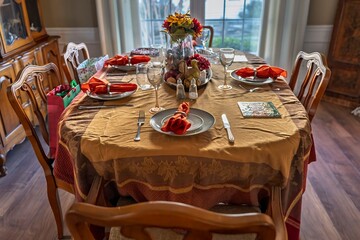 A warmly decorated dining room set for a holiday meal with family.