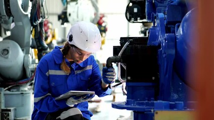 video slow motion, Caucasian female engineer wearing safety uniform working use tablet Online information, monitor machine operation, check maintenance to make a machine work efficiently and safely. - Powered by Adobe