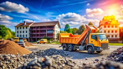 Obraz premium Construction truck dumping gravel at a road site with a tip truck and ripper preparing ground for new housing estate, showcasing the unloading process of heavy machinery in action.