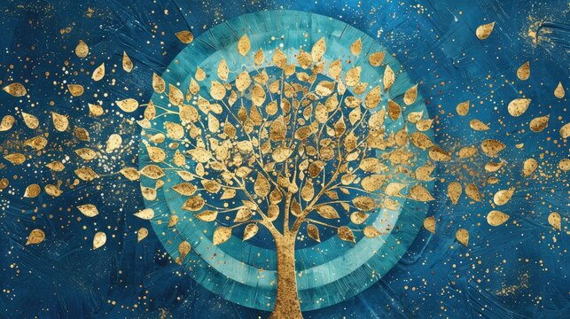 A bold, modern depiction of a golden tree with abstract leaves, set against a metallic blue background with a radial glitter pattern, creating a dynamic and contemporary art piece.