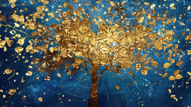 A bold, modern depiction of a golden tree with abstract leaves, set against a metallic blue background with a radial glitter pattern, creating a dynamic and contemporary art piece.