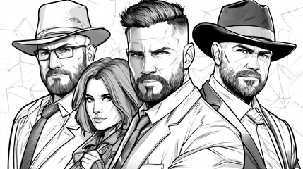 Stylish Black and White Illustration of a Team of Detectives