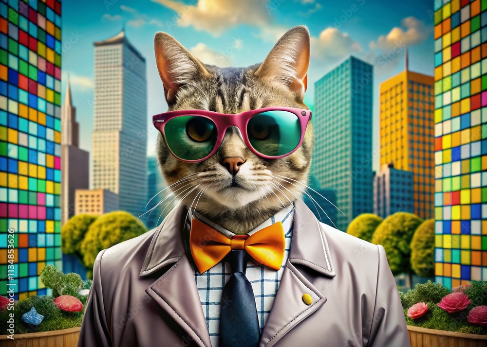Poster cool cat in stylish jacket and sunglasses posing playfully in unique architectural environment with 