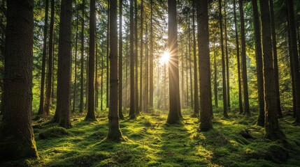 Obraz premium Sunlit Forest Path: Majestic Trees and Lush Moss in a Serene Woodland