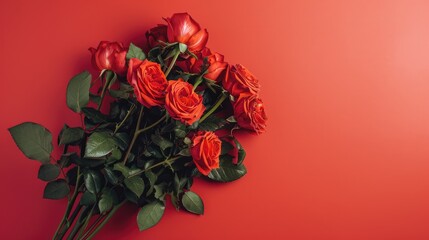 A bouquet of red roses on red pastel background in flat lay style.