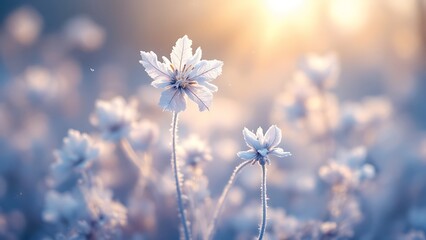 Frozen icy flowers in winter. Frost-covered wildflowers in winter field on the evening or morning. ai generative