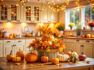 Cozy Autumn Kitchen Island with Blank Space for Text, Perfect for Seasonal Recipes and Culinary Inspiration, Featuring Warm Colors and Charming Decor in a Tilt-Shift Style