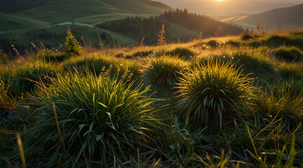 sunset in the mountains with grass. Genrative.ai 