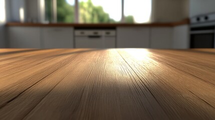 Sunlit Wooden Surface in a Cozy Kitchen Setting with Blurred Background, Perfect for Culinary Arts, Home Decor, and Relaxing Lifestyle Imagery