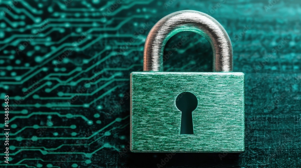 Aufkleber a close-up of a metallic padlock against a digital circuit background, symbolizing security and data