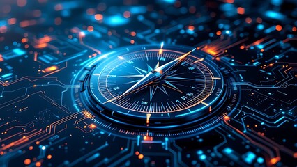 A sleek digital compass set against a blue background symbolizes advanced online data transport, showcasing modernized navigation in the digital realm