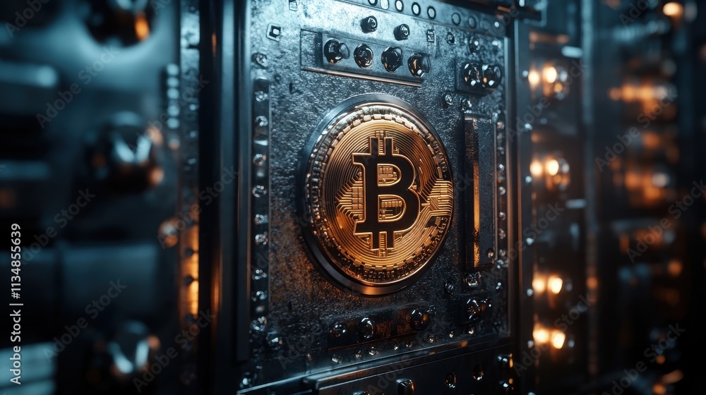 Poster a close-up image of a bitcoin symbol embedded in a metallic background, highlighting cryptocurrency 