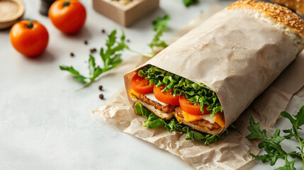 A creative mockup showcases eco-friendly packaging with a fresh sandwich filled with lettuce, tomatoes, and tasty protein, ideal for sustainable dining