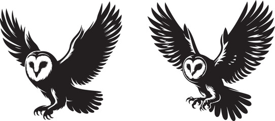  Barn owl bird silhouette vector art illustration. Black and white barn owl vector.