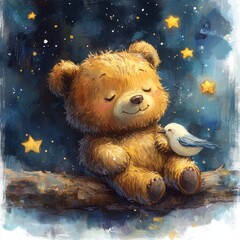 Cute watercolor illustration of a bear sleeping on a bird surrounded by stars and pastel colors