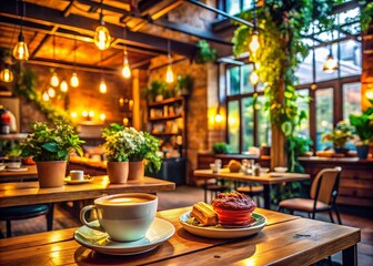 Cozy Coffee Shop Atmosphere with Rustic Decor and Warm Lighting Ideal for a Flyer Template Featuring Fresh Brewed Coffee and Inviting Seating Arrangements