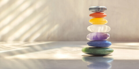 Balanced stack of chakra stones in sunlit room reflects holistic healing and energy alignment
