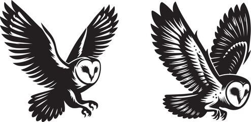  Barn owl bird silhouette vector art illustration. Black and white barn owl vector.