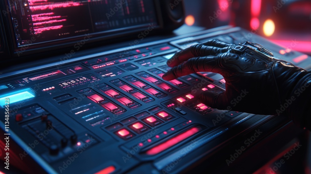 Wall mural close-up of gloved hand operating futuristic control panel with glowing buttons and screen.