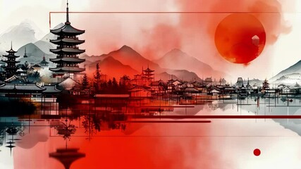 Serene japanese landscape with pagoda and abstract sun elements. Happy Chinese New Year - Powered by Adobe