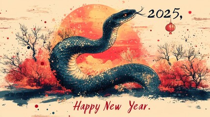 Obraz premium 2025 Happy New Year watercolor painting of a snake against a setting sun in a stylized landscape.