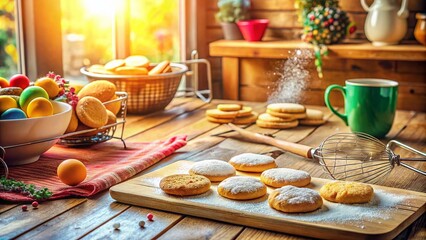 Naklejka premium Cozy Kitchen Scene Featuring Freshly Baked Cookies, Flour, and Baking Utensils Capturing the Joy of Baking in a Warm Atmosphere for Food Lovers and Culinary Enthusiasts