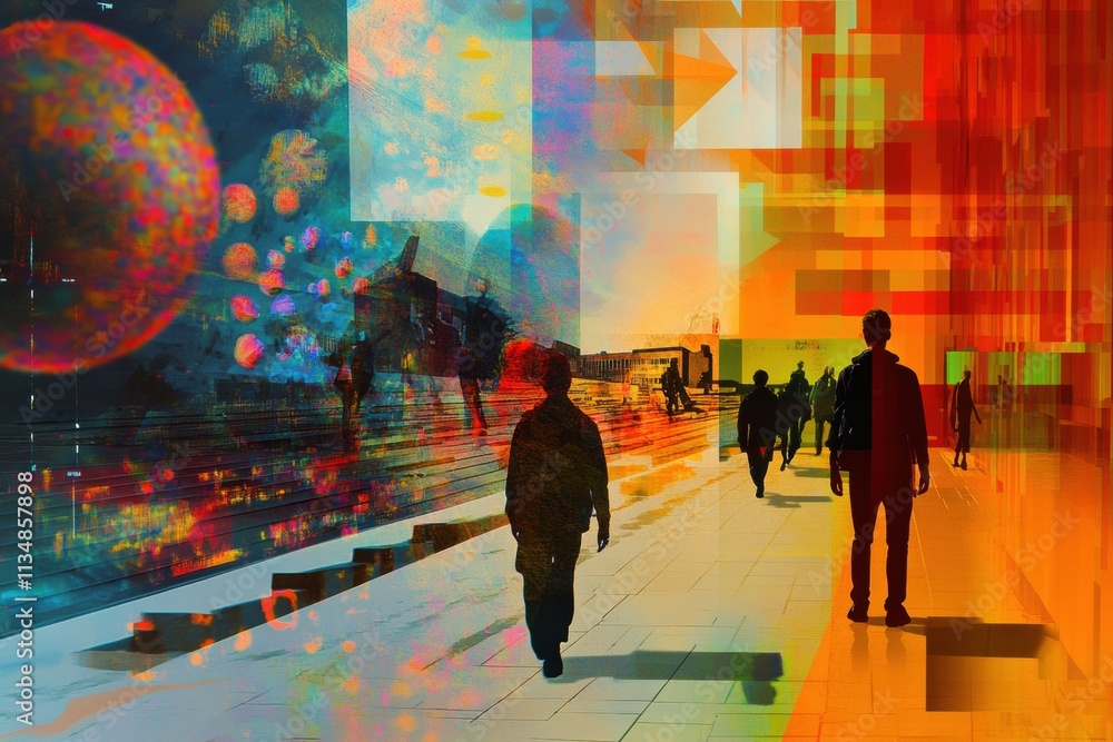 Poster visitors explore a digital gallery filled with virtual artworks and avatars, surrounded by colorful 