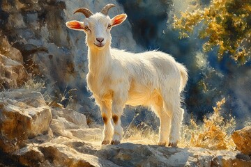 Obraz premium White Goat Watercolor Painting in Sunny Meadow with Dappled Light and Soft Shadows