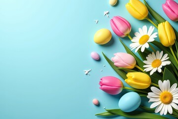 Brighten Your Spring Celebrations with Our Vibrant Easter Floral Arrangement Featuring Tulips, Daisies, and Colorful Easter Eggs on a Light Blue Background