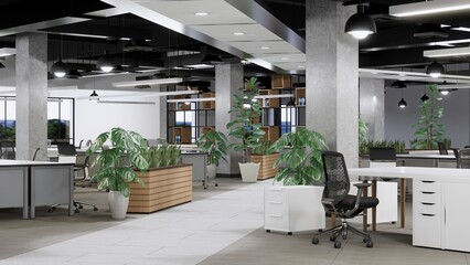 Dark gray office, contemporary style The area is arranged to be green with trees. to make the page work more
