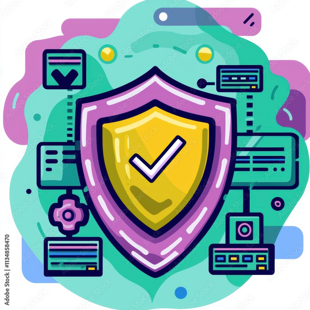 Poster cybersecurity shield graphic for digital protection concepts in tech environment abstract view