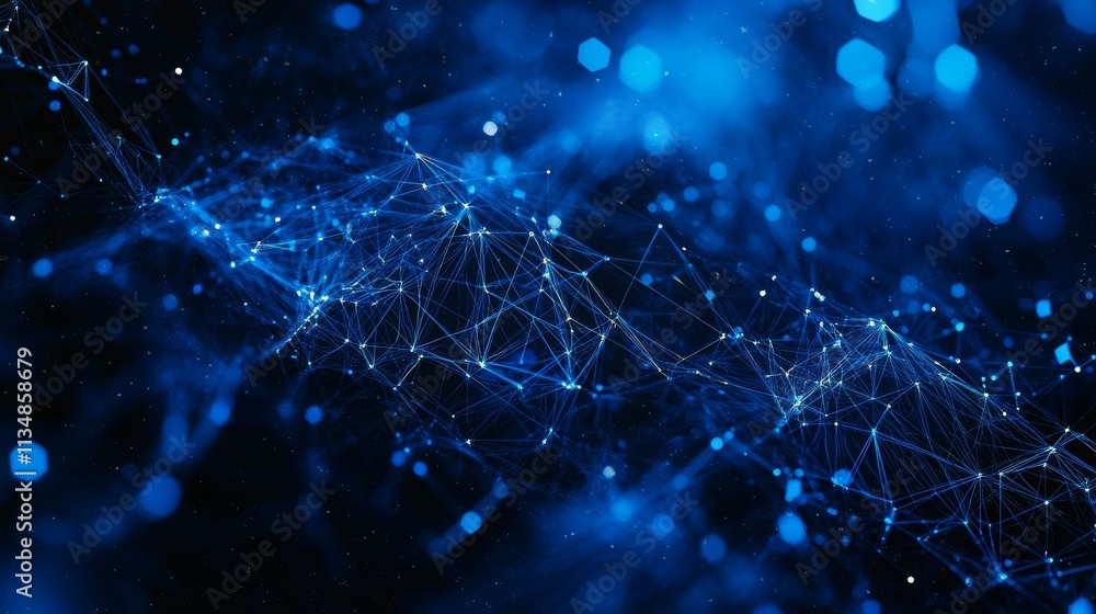Poster vibrant blue network threads intertwine, showcasing elements of technology and connection in a dynam