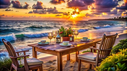 Obraz premium Cozy Outdoor Dining Setup by the Tranquil Seashore with Elegant Table Setting and Soft Lighting, Perfect for Romantic Evenings and Family Gatherings in a Serene Coastal Atmosphere