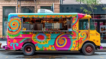 Fototapeta premium A brightly colored food truck with cheerful design parked on city street, offering delicious meals and vibrant atmosphere.