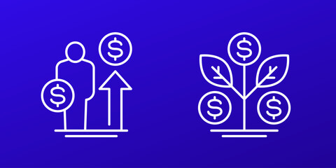 Passive income, money growing icons, line vector design