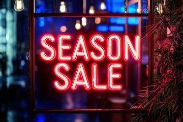 Bright Neon Sign Announcing Season Sale in Vibrant Urban Setting During Evening Hours, Attracting Shoppers With Its Eye-Catching Glow