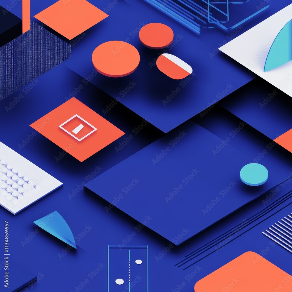 Poster vibrant patterns and shapes create a dynamic abstract landscape in a blue color palette, showcasing 