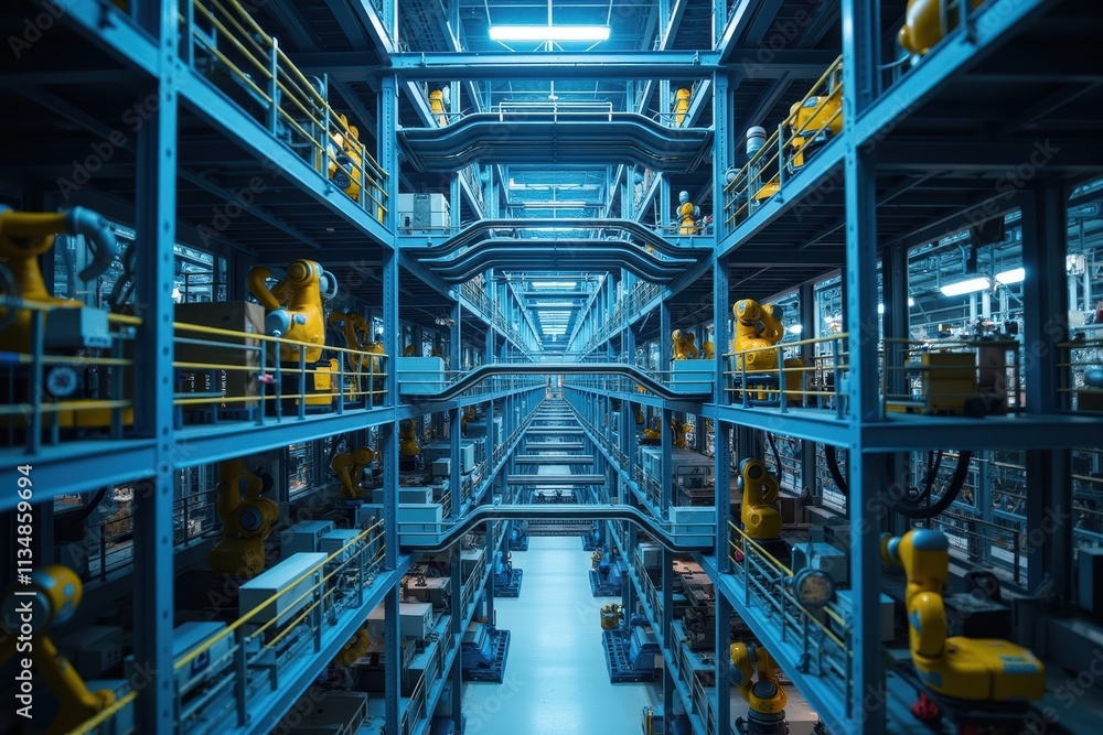 Poster a view of an advanced robotic factory with automated arms and high-tech equipment in a modern manufa