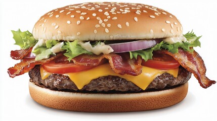 Close-up of Juicy Bacon Cheeseburger with Fresh Lettuce, Tomatoes, and Onions