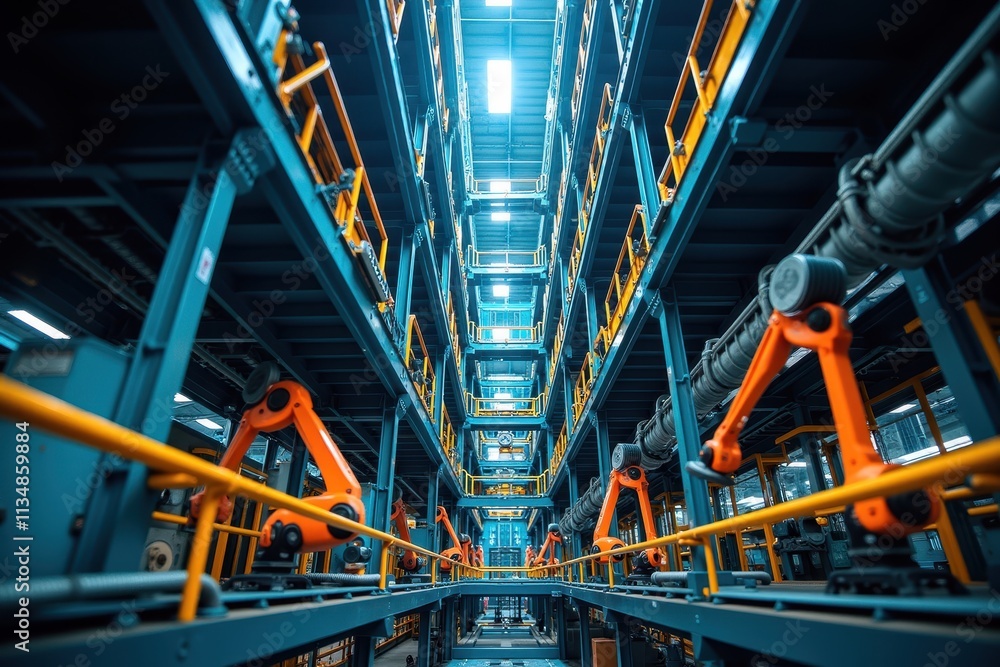 Poster advanced robotic automation in modern factory setting showcasing high-tech industrial equipment and 