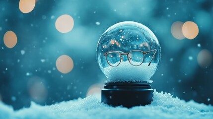 Fototapeta premium Enchanting Winter Wonderland Featuring Vintage Glasses in a Delicate Snow Globe With a Serene Blue Backdrop