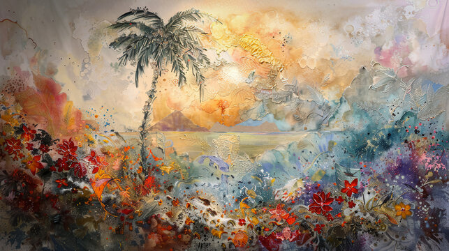 Expressionist art, oil paint and alcohol ink on silk sprayed with Luminol, stylized, abstract, palm tree, at the beach, sunset; hyper detailed, tropical flowers and birds